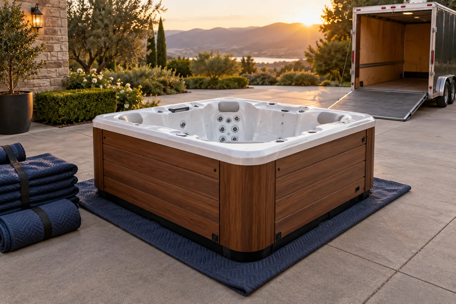 Illustration of a freestanding portable hot tub and its surrounding access area