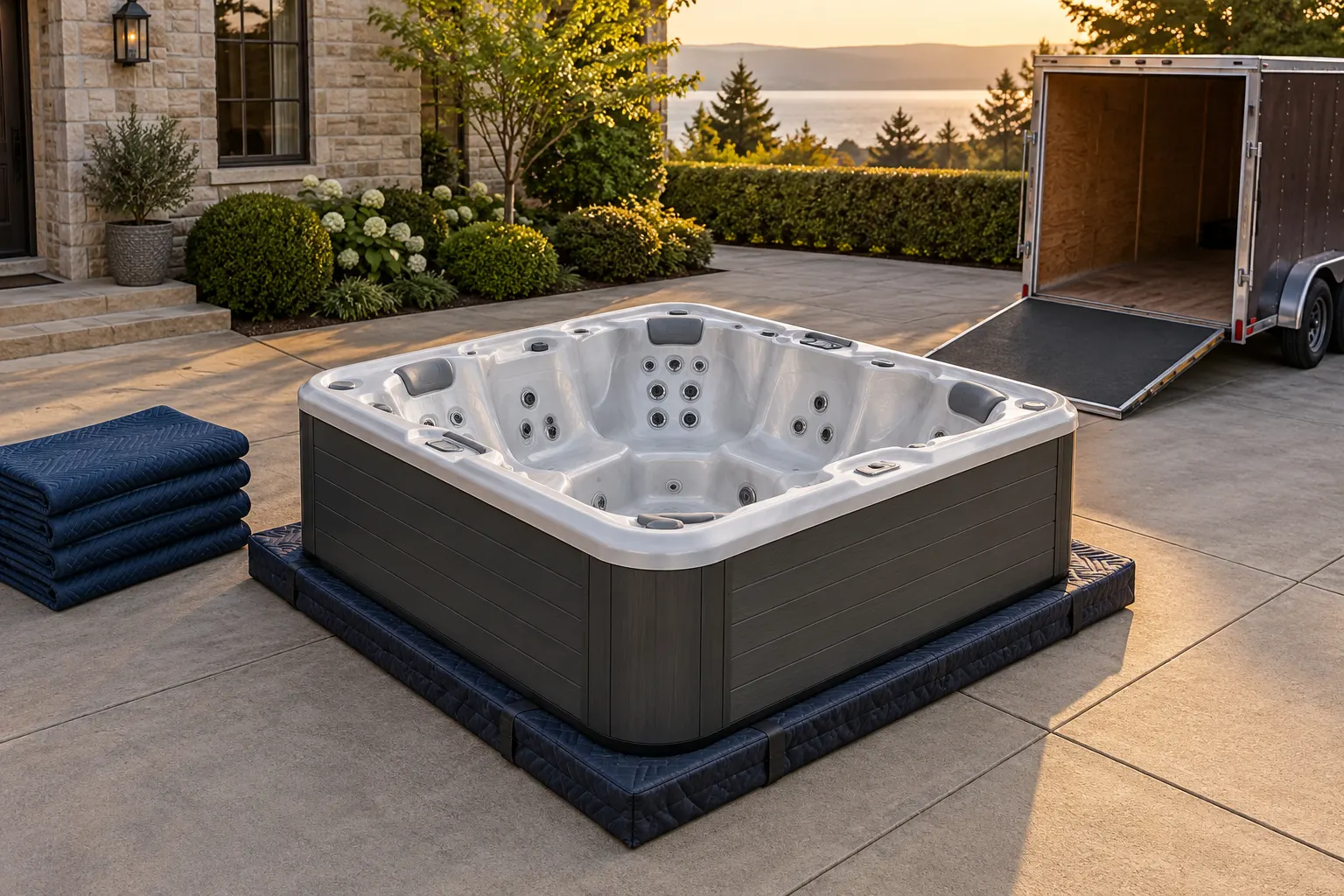 Illustration of a freestanding portable hot tub and its surrounding access area